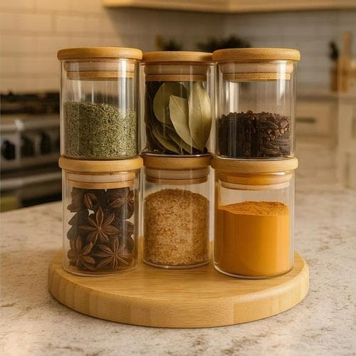 Kit Com 6 Potes De Vidro C/ Tampa De Bambu Hermético 300ml Sem Cor