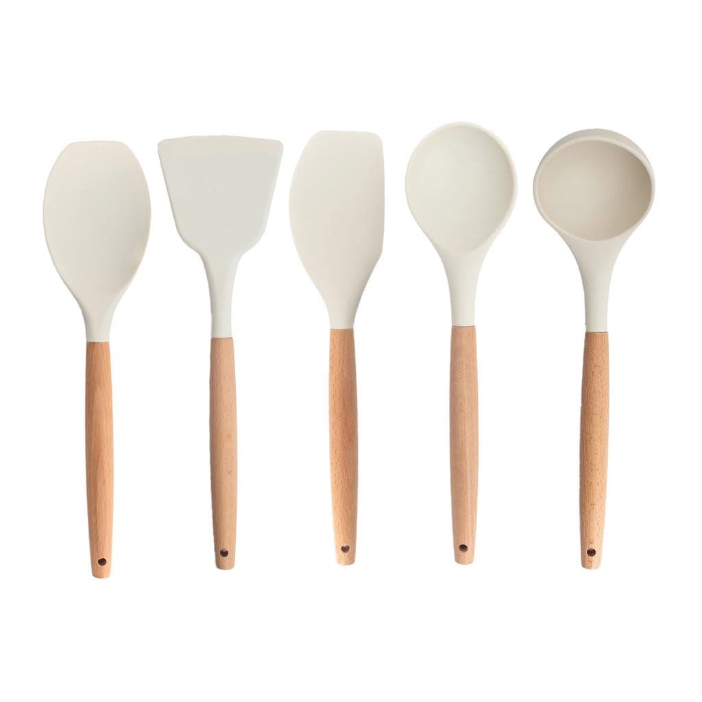 kit 5 utensílios de silicone com cabo de madeira para cozinha - oikos