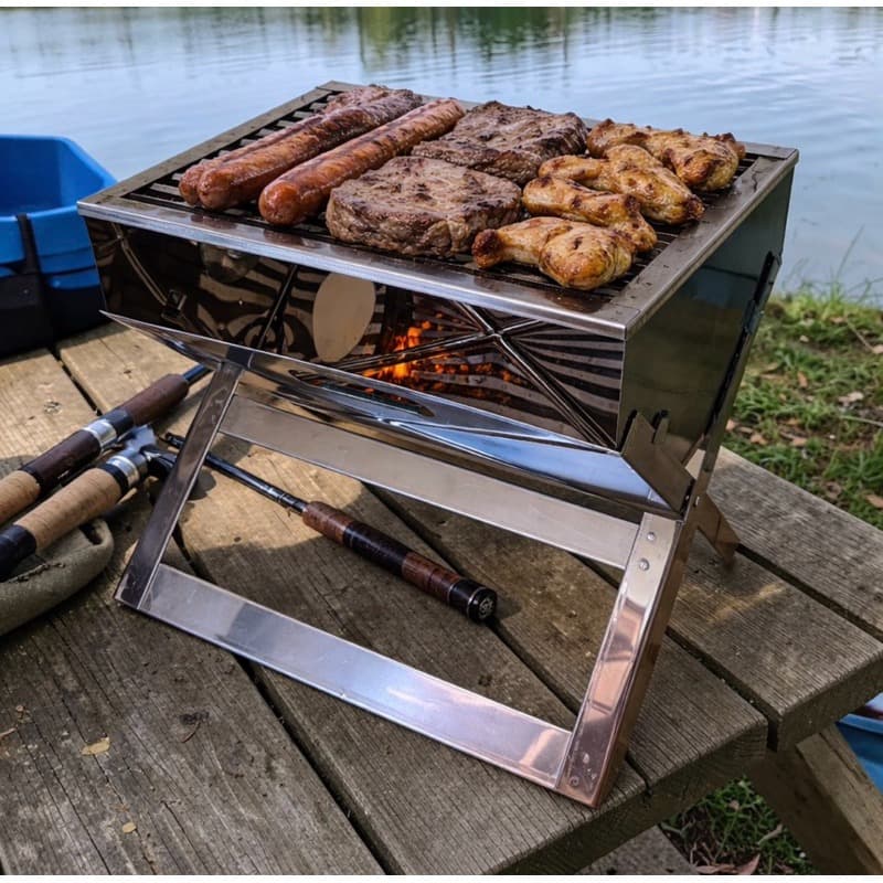 Churrasqueira de Inox Dobrável Portátil a Carvão - Maleta
