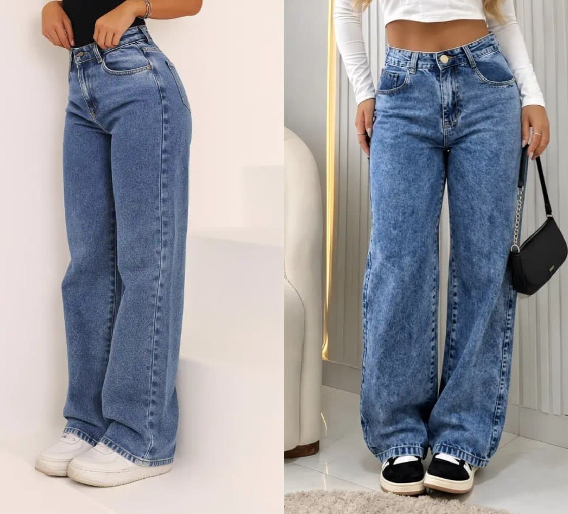 Calça Wide Leg Jeans Cintura Alta Pantalona