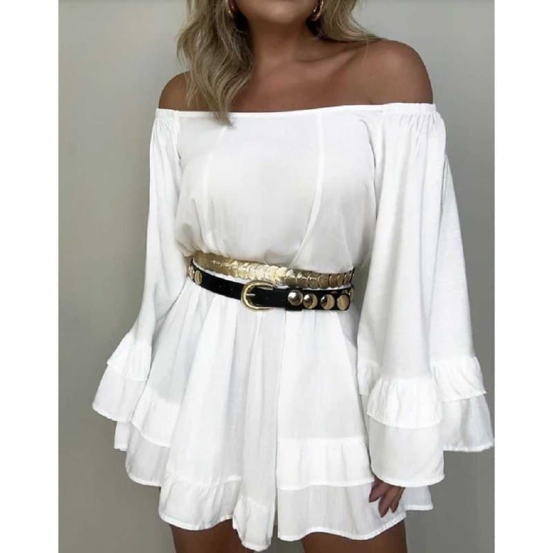 Vestido Curto Boho Fresco Ombro a Ombro Babado Manga Flare Viscolinho Verão Vânia