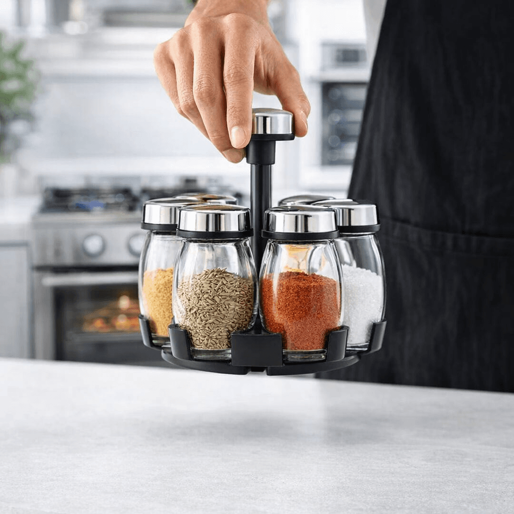 Yab Porta Temperos de Mesa Giratório 6 Potes Vidro e Aço Inox